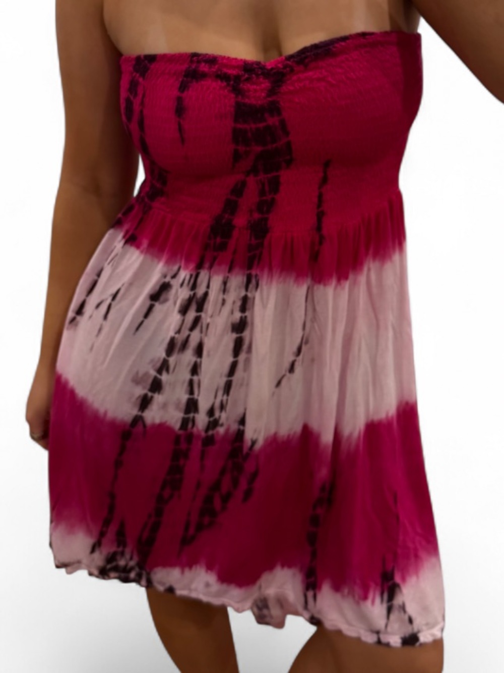 raviya pink black tie dye high low strapless dress